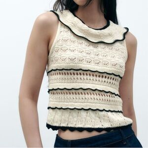 Zara Cream Knit Ruffle-Trim Tank with Black Edging